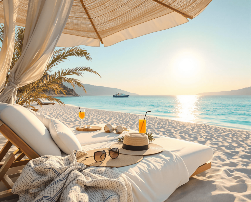 Een strandbed met zonnebril, een zonnehoed, een verfrissend drankje op een perfecte zonnige dag