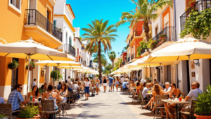 A lively street scene with locals and tourists in Torrevieja Spain Alicante