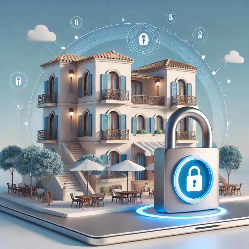 Het toont een mediterraan stijl vakantiecomplex met een beveiligingsicoon om gegevensbescherming te symboliseren
