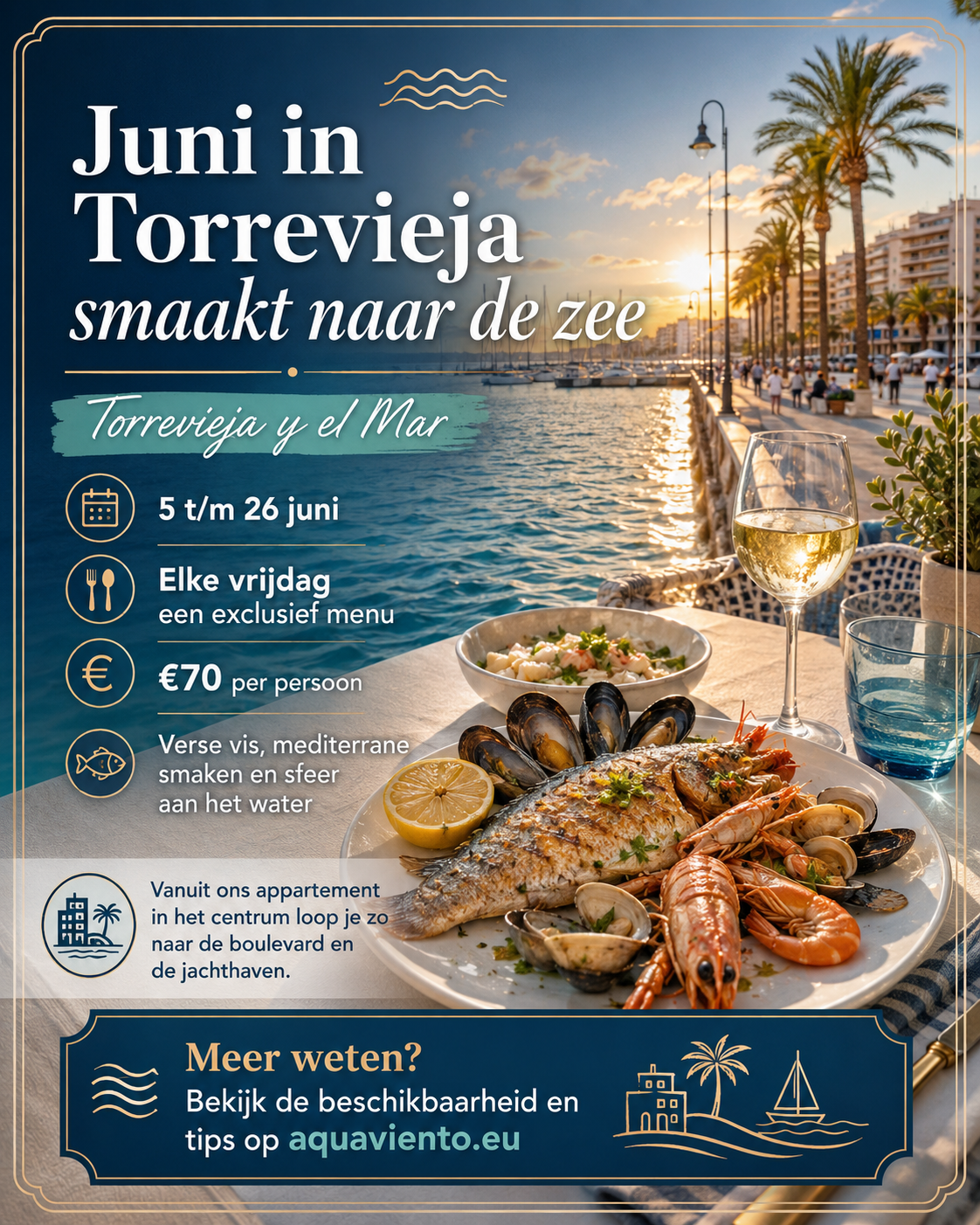Promotieafbeelding voor “Torrevieja y el Mar” in juni, met een zonnige boulevard en jachthaven van Torrevieja, een tafel met verse vis en zeevruchten aan het water en informatie over gastronomische menu’s van 5 t/m 26 juni voor €70 per persoon